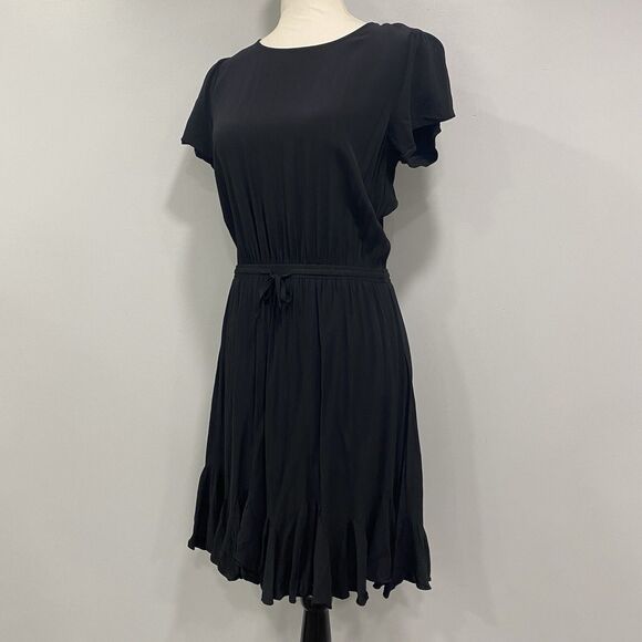 LOFT S Black Godet Flounce Ruffle Viscose Blouson Pleated Swing Dress Whimsigoth - Picture 3 of 16